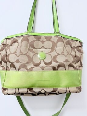 Coach Beige Signature Tote with Lime Trim